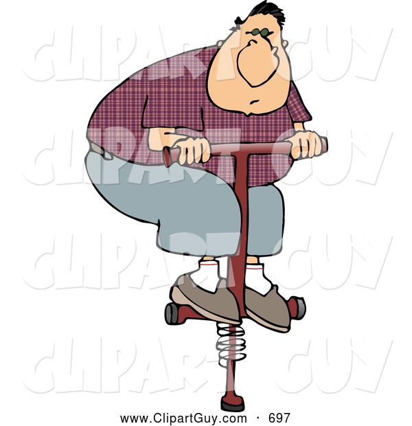 Clip Art of AFat Adult Man Jumping on a Pogo Stick