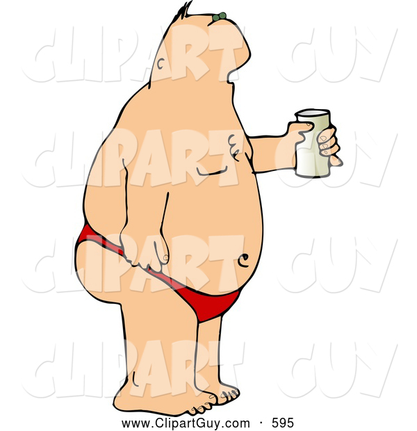 Clip Art of AFat Man Wearing a Speedo at the Beach and Drinking a Beer