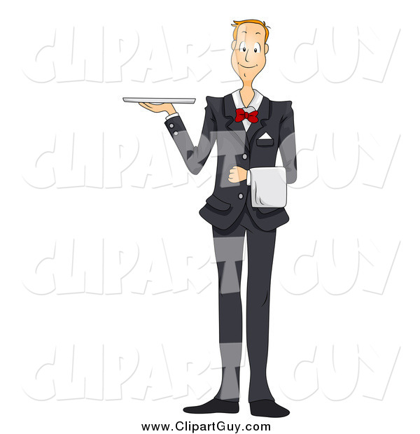 Clip Art of AFriendly Male Waiter in a Suit, Holding a Platter Tray