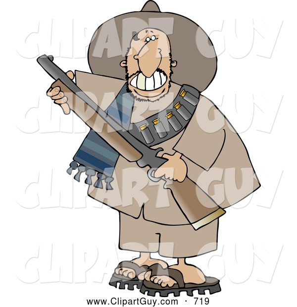 Clip Art of AGrinning Male Mexican Bandit Carrying a Loaded Shotgun