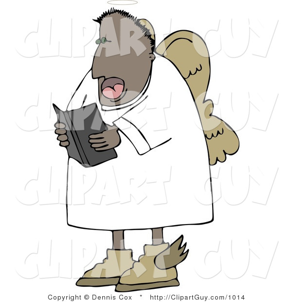 Clip Art of an African American Angel in White Reading from a Bible