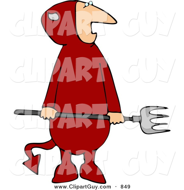 Clip Art of an Evil Red Halloween Devil Wearing a Costume and Holding a Pitchfork
