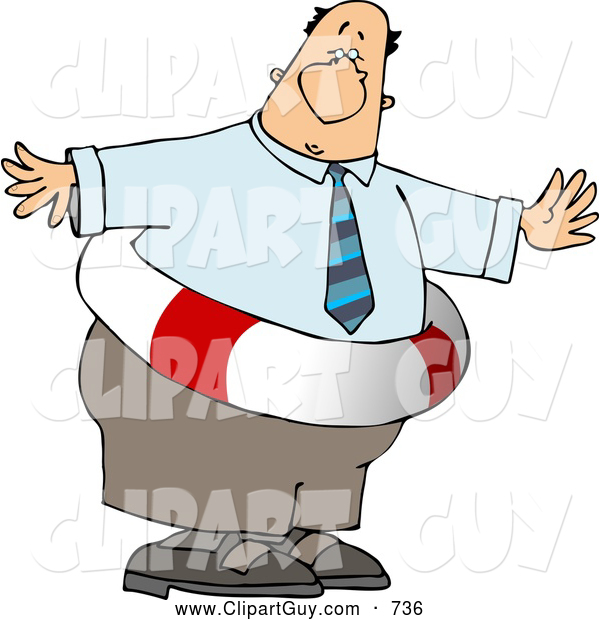 Clip Art of an Obese Businessman Wearing a Life Preserver, on White