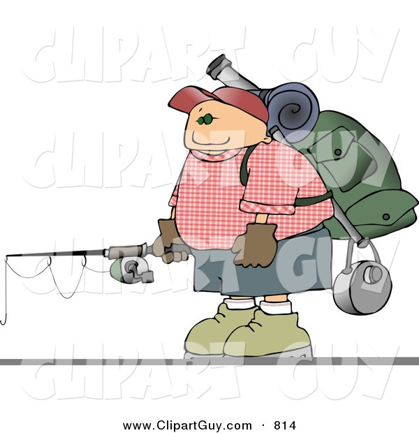 Clip Art of an Outdoorsy Young Male Hiker Carrying Camping Gear and a Fishing Pole