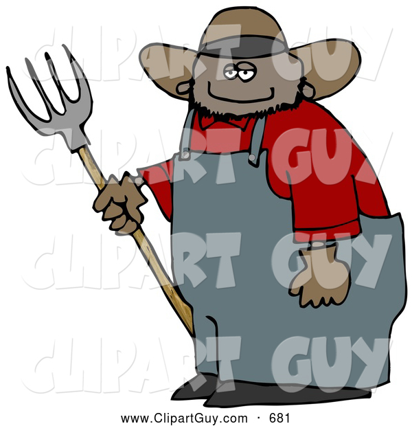 Clip Art of ASmiling Mexican Cowboy Farmer Holding a Pitchfork, on White