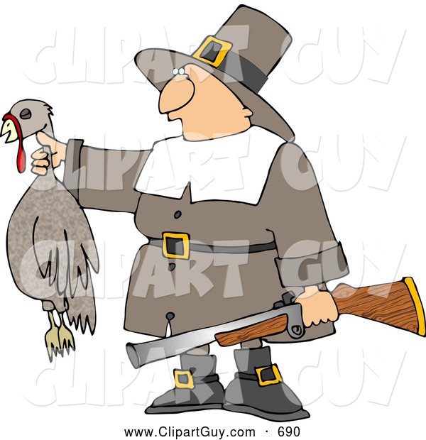 Clip Art of ASuccessful White Male Pilgrim Hunter Holding a Dead Turkey and a Gun - Thanksgiving Holiday