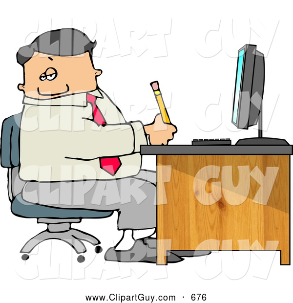 Clip Art of AWhite Business Man Filling out Paperwork at Wood Computer Desk in His Office