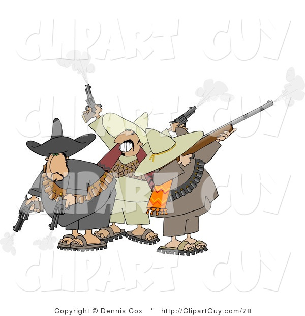Clip Art of Banditos Shooting Pistols and Rifles into the Air