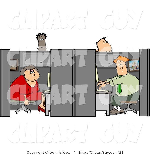 Clip Art of Customer Service People Sitting in Their Cubicles and Looking out Longingly