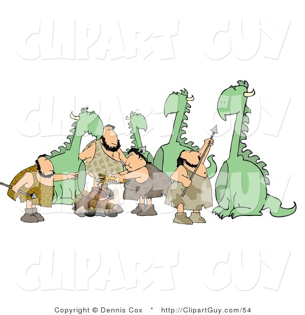 Clip Art of Dinosaurs and Cavemen Standing Together Around a Fire