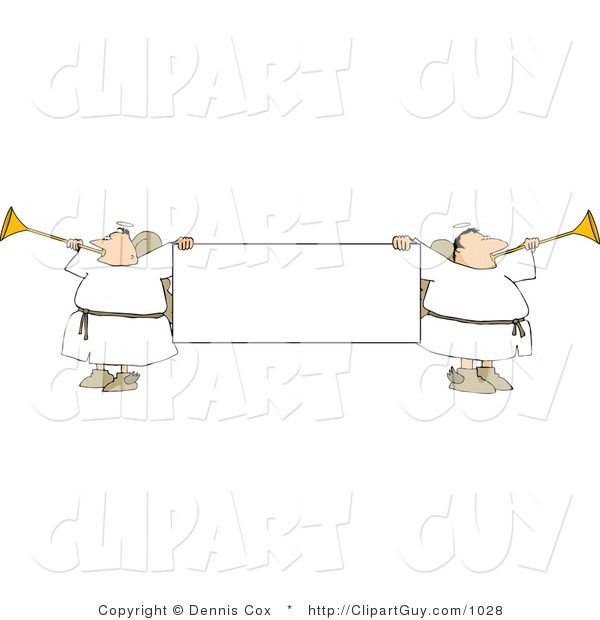Clip Art of Male Angels Blowing Through Trumpets and Holding a Blank Sign