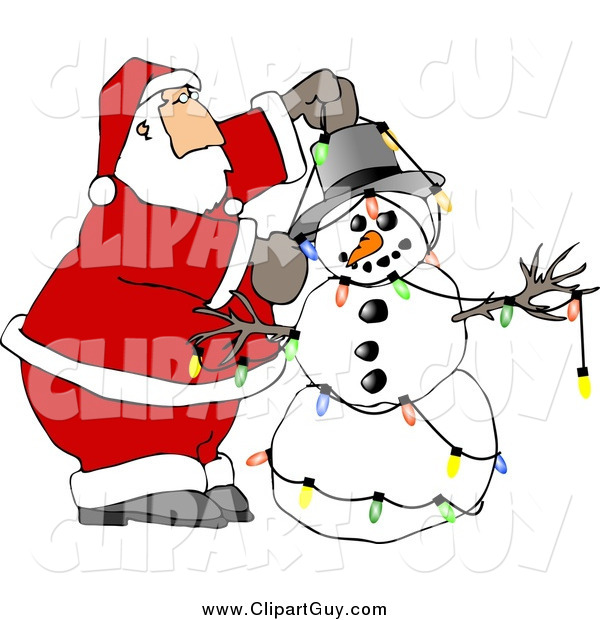 Clip Art of Santa Claus Decorating Snowman with Christmas Lights