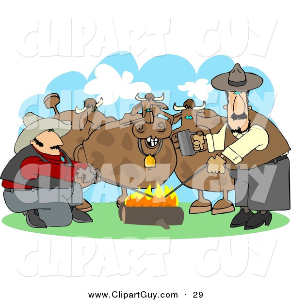 Clip Art of Two Male Ranchers Heating Branding Irons in a Campfire Beside Their Cattle