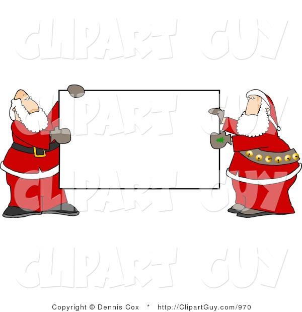 Clip Art of Two Santa Claus Men Holding a Blank Sign