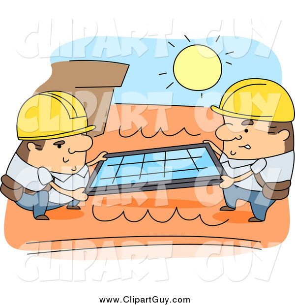 Clip Art of Worker Men Installing Roof Solar Panels