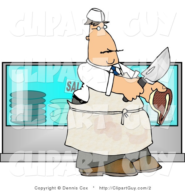 Royalty Free Clip Art of a Butcher Holding a Cow Meat Steak and a Knife in Front of His Store