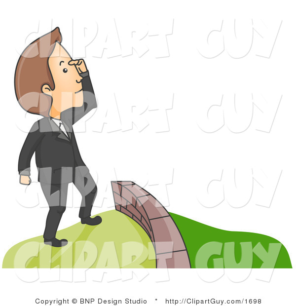 Vector Clip Art of a Man Looking over a Fence to Greener Pastures - Royalty Free