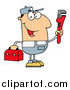 Clip Art of a Friendly White Plumber Man Carrying a Wrench and Tool Box by Hit Toon