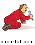 Clip Art of a Male Mechanic in Red Coveralls, Kneeling and Using a Wrench by Snowy