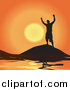 Clip Art of a Silhouetted Cheering Successful Man Atop a Coastal Mountain Against an Orange Sunset by Arena Creative
