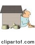 Clip Art of a White Husband in Trouble with His Wife, Sitting Outside of a Doghouse with a Bone and Food & Water Bowls by Djart