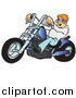 Clip Art of a Young, Blond White Biker Dude in Shades, Riding His Blue Chopper by Snowy