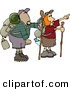 Clip Art of Caucasian Male and Female Hikers Hiking with Backpacks, Canteens, Sleeping Bags, and Walking Sticks by Djart