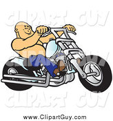 Clip Art of a Bald Shirtless Biker Dude Riding His Chrome Chopper by Snowy