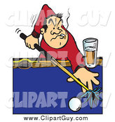 Clip Art of a Billiards Player Aiming a Cue Stick on a Pool Table, Smoking and Drinking by Snowy
