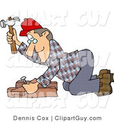 Clip Art of a Carpenter Man Hammering a Nail Through Wood Beams by Djart