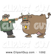 Clip Art of a Caucasian Cowboy Rancher Trying to Move One of His Cow's by Djart