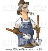 Clip Art of a Caucasian Male Farmer Carrying Two Rounded Tip Shovels by Djart