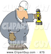 Clip Art of a Caucasian Male Worker Shining a Flashlight Towards the Ground by Djart