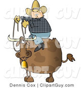 Clip Art of a Chubby Cowboy Sitting on the Back of a Bull with Horns and a Bell by Djart