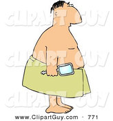 Clip Art of a Clean Showered Man Wearing a Towel Around His Waist and Holding a Mirror on White by Djart