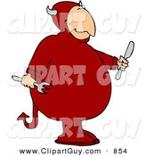 Clip Art of a Devil Holding a Fork and Knife and Looking Right by Djart