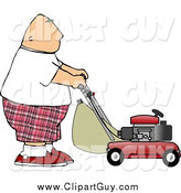Clip Art of a Fat White Bald Man Mowing Lawn by Djart