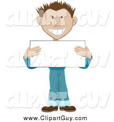 Clip Art of a Friendly Brunette Guy Holding a Blank Placard Sign by AtStockIllustration