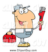Clip Art of a Friendly White Plumber Man Carrying a Wrench and Tool Box by Hit Toon