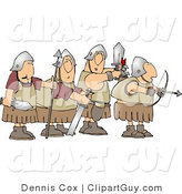 Clip Art of a Group of Four Roman Soldier Armed with Weapons and Ready for Battle by Djart