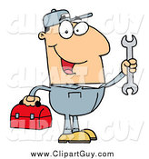 Clip Art of a Happy White Mechanic Man with a Tool Box and Wrench by Hit Toon