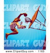 Clip Art of a Low Angle View of a Basketball Player Jumping High to Dunk the Ball in the Hoop During Practice by Tonis Pan