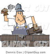 Clip Art of a Male Mason, Builder Cementing a Brick Wall by Djart