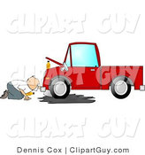 Clip Art of a Man Trying to Give a Leaking Red Pickup Truck an Oil Change by Djart