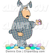 Clip Art of a Man Wearing an Colorful Easter Costume and Holding a Decorated Easter Egg by Djart
