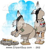 Clip Art of a Pair of Native American Indians Standing Alertly Beside a Campfire by Djart