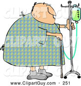 Clip Art of a Recovering Chubby Male Hospital Patient Walking Around with a Cane and an Intravenous Injection Drip Line Stroller by Djart