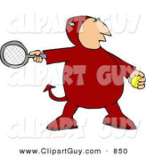 Clip Art of a Red Devil Playing Tennis Game by Djart