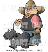 Clip Art of a - Royalty FreeCowboy Walking a Black Pet Dog on a Leash by Djart