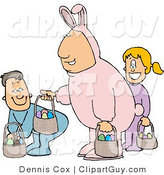 Clip Art of a Smiling Father Wearing a Pink Easter Bunny Costume and Participating in an Easter Egg Hunt with His Son & Daughter by Djart
